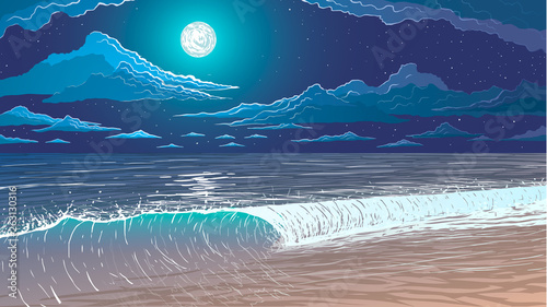 vector illustration. ocean shore at night