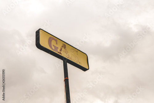 Sign for an abandoned gas station along California Route 111 highway in the Salton Sea.
