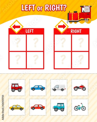 Educational game for children with pictures. Kids activity sheet. Left or right? Cartoon illustration of different transport.