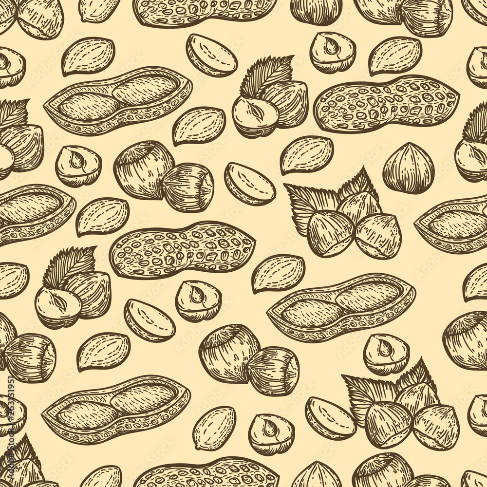 Seamless pattern of hazelnut and peanuts in the engraving style. Seamless pattern of hazelnut and peanuts in the engraving style.