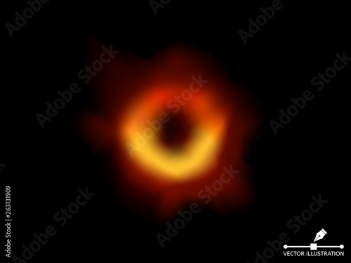 Black hole in outer space. Mesh looks like realistic black hole. Supermassive object in the center of the galaxy. Scientific discovery of 2019. Vector illustration