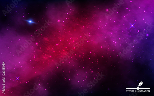 Space background. Cosmos with nebula and shining stars. Abstract futuristic backdrop. Colorful galaxy with stardust and milky way. Vector Illustration for posters and brochures
