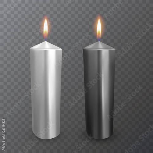 Realistic candles of black and white colors, Burning candles on dark background, paraffin or wax on transparent background. Vector illustration