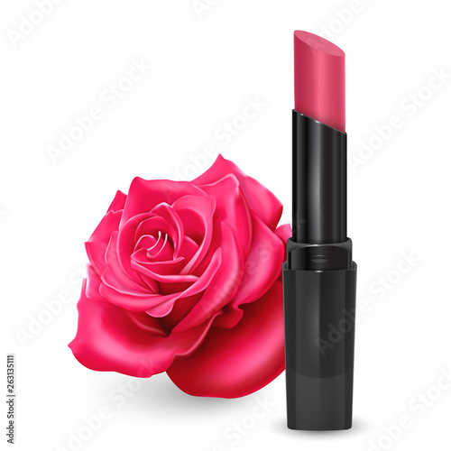 Lipstick in bright pink color in the realistic style against a background of red rose, vector illustration