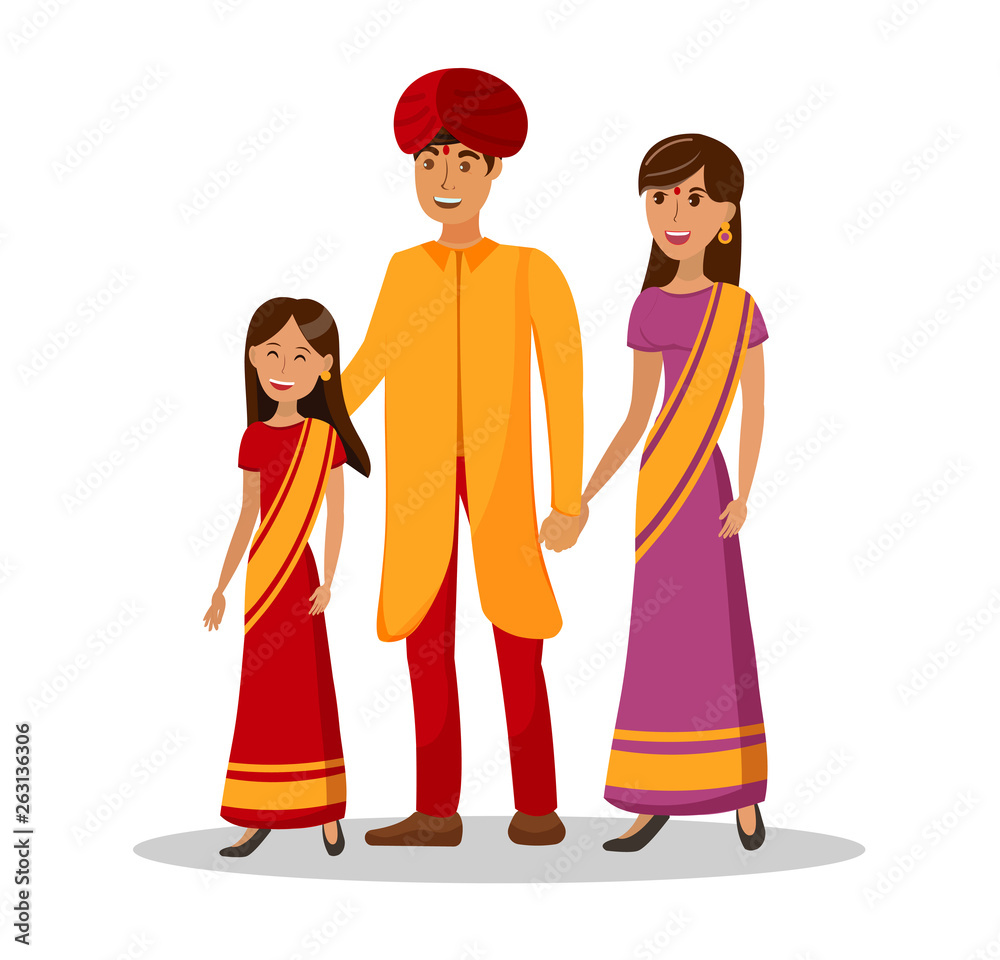 Indian Culture, Girl with Parents Illustration