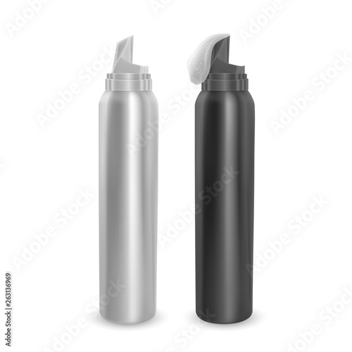 Set of foam bottles black and white, modern advertisement template. Mock-up for product package branding, Metal bottles of shampoo and mousse isolated on white background.