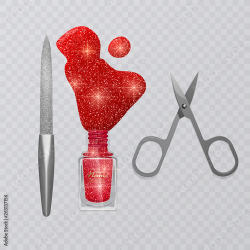 Set of manicure accessories, illustration of manicure scissors, red nail Polish and nail file, hand care, vector eps 10 illustration