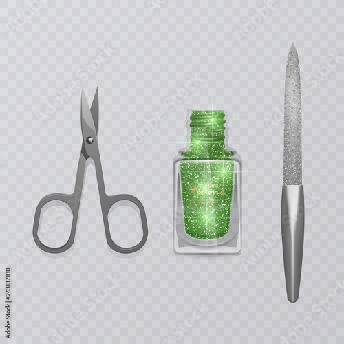 Set of manicure accessories, illustration of manicure scissors, red nail Polish and nail file, hand care, vector eps 10 illustration