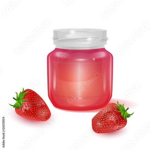 Glass jar with Strawberry jam on light background  Label for jam. Mockup for your brand realistic vector EPS 10 illustration