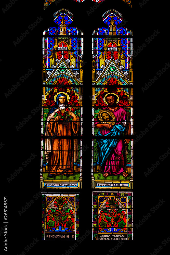 Prague / Czech Republic 03.31.2019: a stained glass window in the temple
