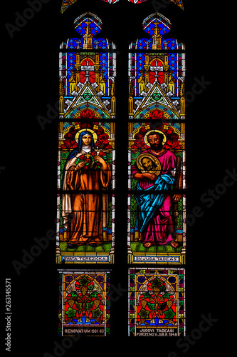 Prague / Czech Republic 03.31.2019: a stained glass window in the temple