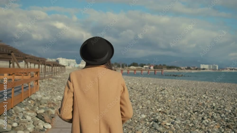 Romantic woman is walking on pebble shore in sunny autumn day, back view Romantic woman is walking on pebble shore in sunny autumn day, back view
