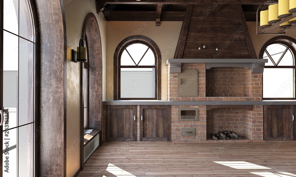 Fototapeta premium The interior of the kitchen in a rustic style. 3d render