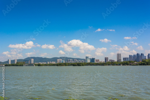 Cityscape image of Benchakitti Park at blue sky background in Bangkok, Thailand. photo