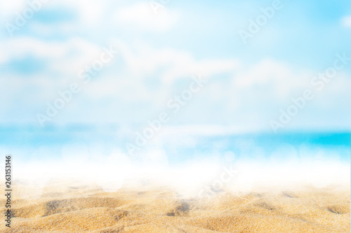 Fototapeta Naklejka Na Ścianę i Meble -  Tropical nature clean beach and white sand in summer with sun light blue sky and bokeh background.