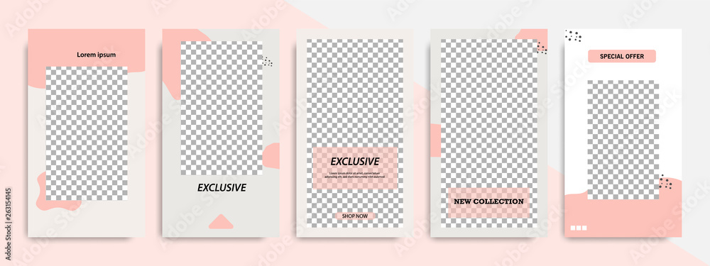Social media stories layout template. Modern minimal square abstract brush shape template in pink and peach flat color