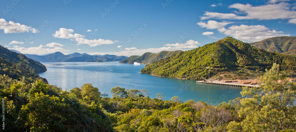 Panoramatic view of Cook Inlet from Queen Charlotte Drive near Picton, Marlborough departament, New Zealand