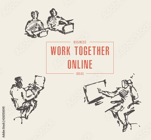 Group people work together online laptop vecto