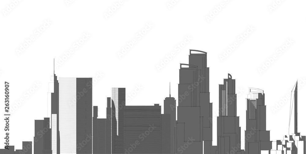 Panorama cityscape Sketch. Architecture sketch - 3D Illustration.