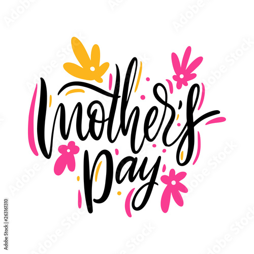 Black "Mother's Day" lettering adorned with decorative pink and yellow floral elements, perfect for celebrating moms with style and elegance. © Octyabr