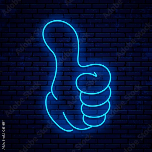 Neon sign thumb up. Gesture meaning i like.