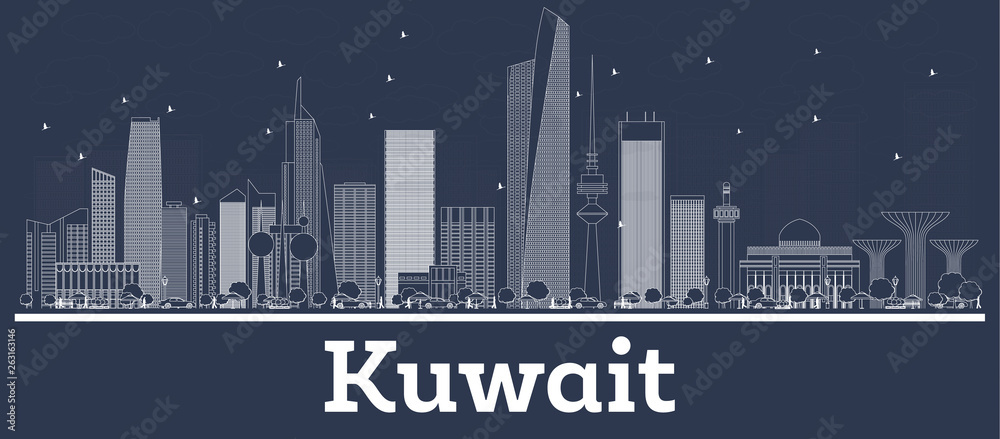 Outline Kuwait City Skyline with White Buildings.