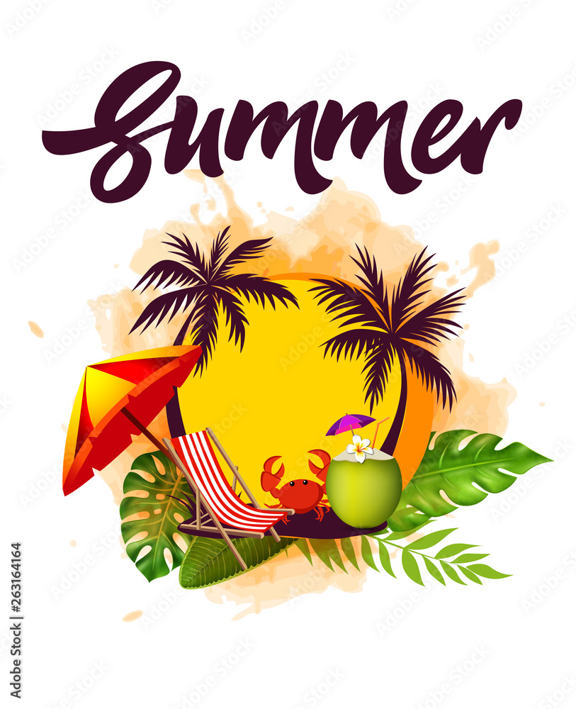 Naklejka premium Beach accessories. Summer tropic travel background design. - Vector