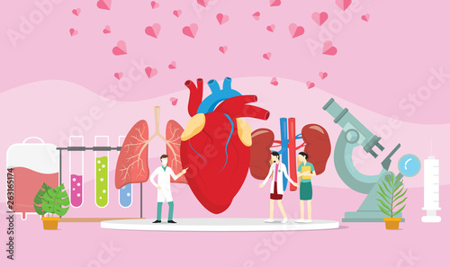 Healthy Human Organ Donor Transplantation with doctor people and some heart spread - vector