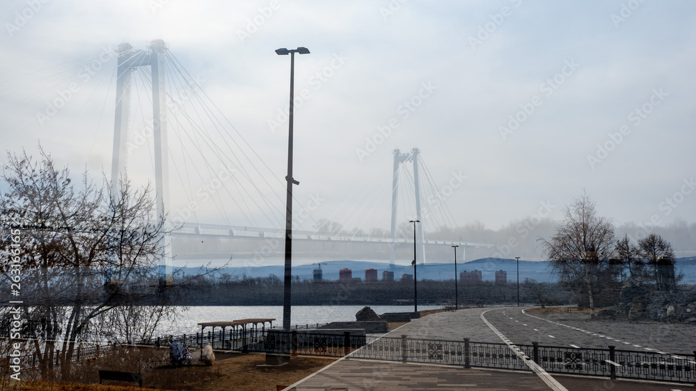 cityscape, Park, pedestrian bridge, buildings, embankment