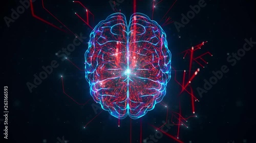 AI Creation Artificial intelligence brain comes to life forming birth red blue digital brain, big data deep learning computer machine. Futuristic quantum computing abstract background