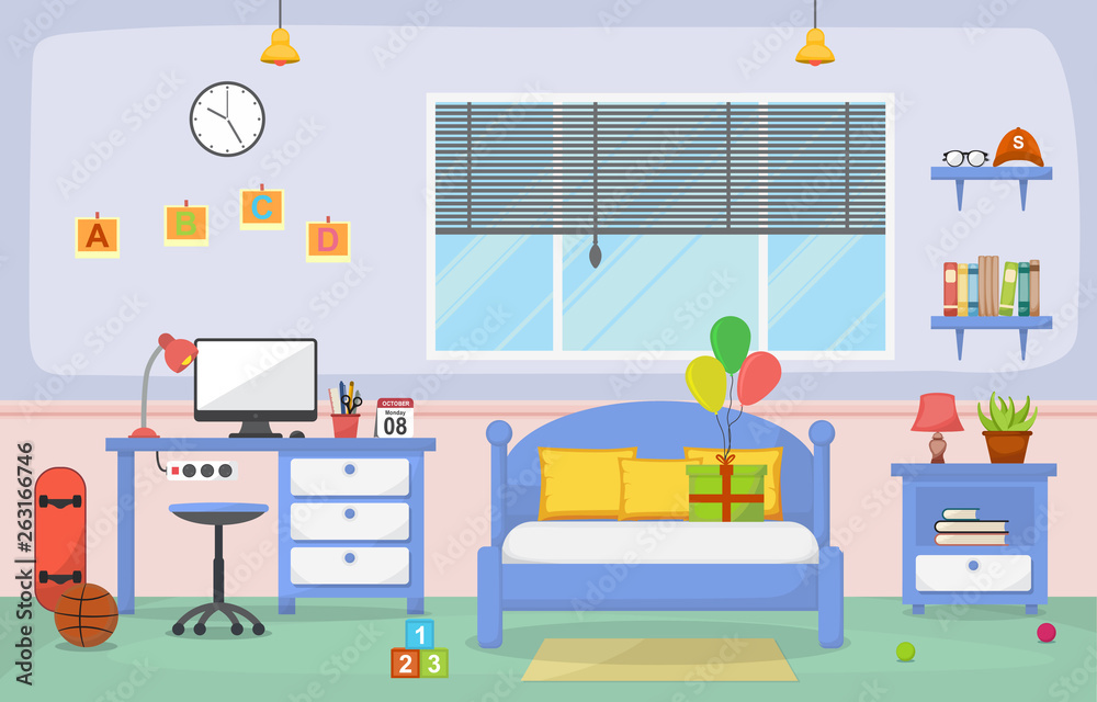 Student Study Desk Table Bedroom Interior Room Furniture Flat Design Student Study Desk Table Bedroom Interior Room Furniture Flat Design