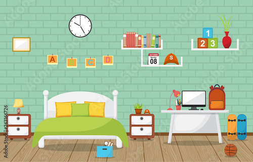 Student Study Desk Table Bedroom Interior Room Furniture Flat Design