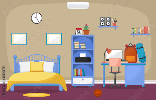 Student Study Desk Table Bedroom Interior Room Furniture Flat Design