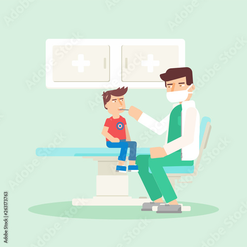 Little boy in pediatrics office flat illustration