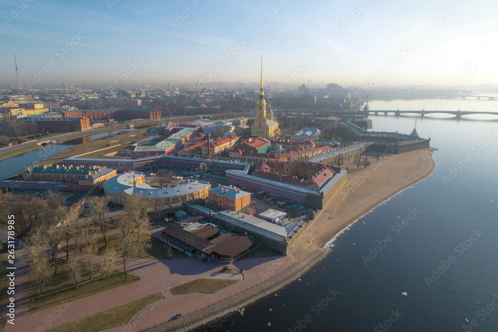 View of the Peter and Paul Fortress on a sunny April morning (aerial photography). Saint-Petersburg, Russia