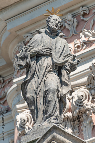 Decorative facade sculptures at Jesuit church of St. Ignatius of Loyola at Charles Square in Prague, Czech Republic