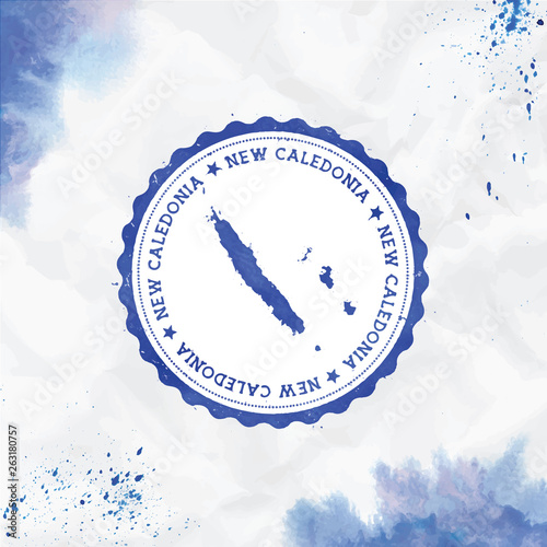 New Caledonia watercolor round rubber stamp with country map. Blue New Caledonia passport stamp with circular text and stars, vector illustration.