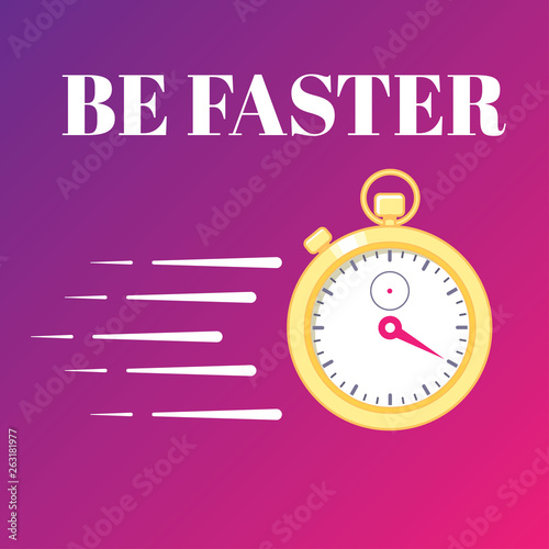 Motivation poster with golden stopwatch on bright gradient background. Life is race. Vector illustration of running time.