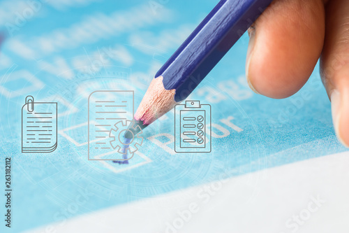 Customer checklist survey exellent form for feedback satisfaction mark over application blue forms document with black pencil. Opinion question circle botton for filling checkmark for business photo