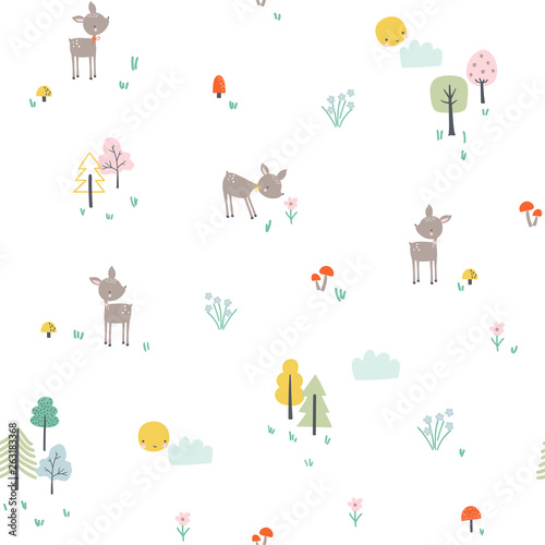 Fototapeta Naklejka Na Ścianę i Meble -  Childish pattern with little deer in the forest