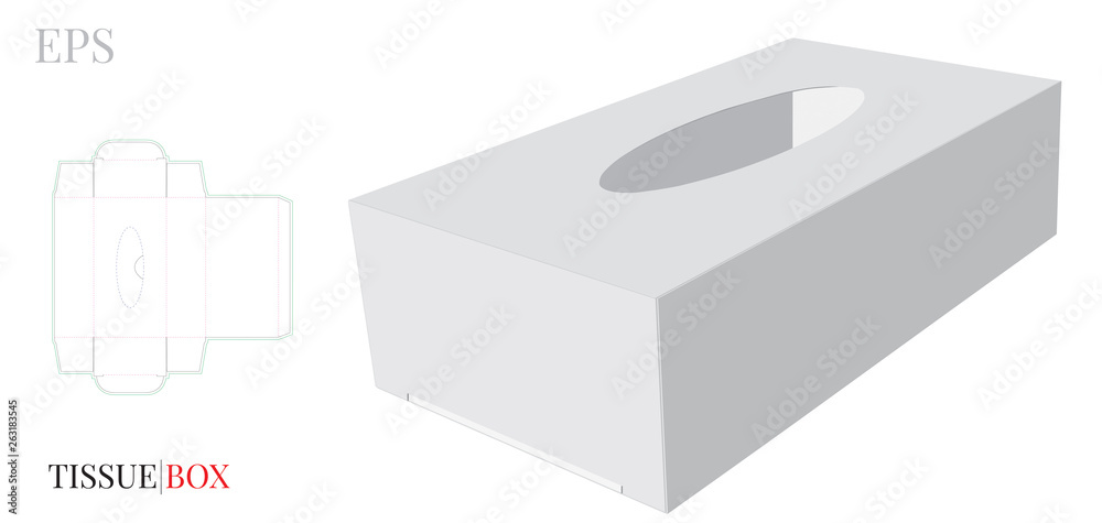 Tissue Box Template, vector with die cut / laser cut lines. White, clear,  blank, isolated Tissue Box mock up on white background with perspective  view. 3D presentation Stock Vector | Adobe Stock