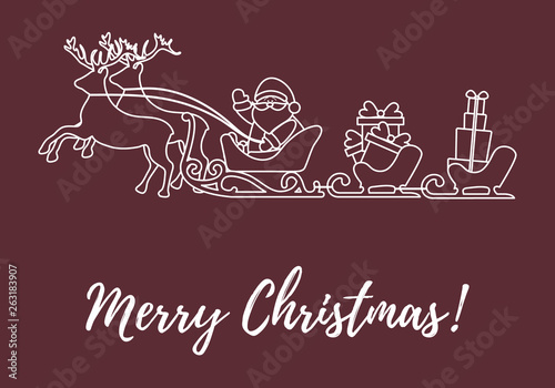 Santa Claus with Christmas presents in sleighs with reindeers. New Year and Christmas illustration.