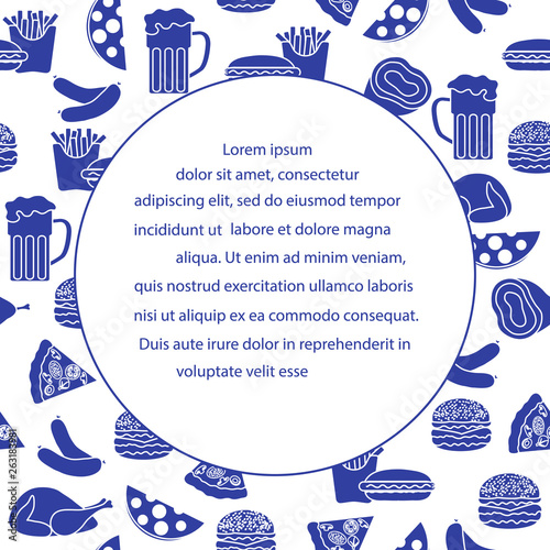 Beer, different types of food and fast food.
