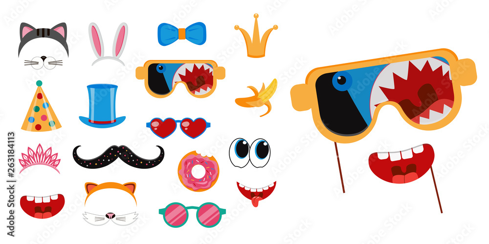 Big photo booth props set for birthday or fun party vector illustration Big photo booth props set for birthday or fun party vector illustration