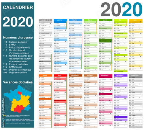 Calendrier 2020 14 mois avec vacances scolaires officielles entièrement modifiable via calques et texte arial	