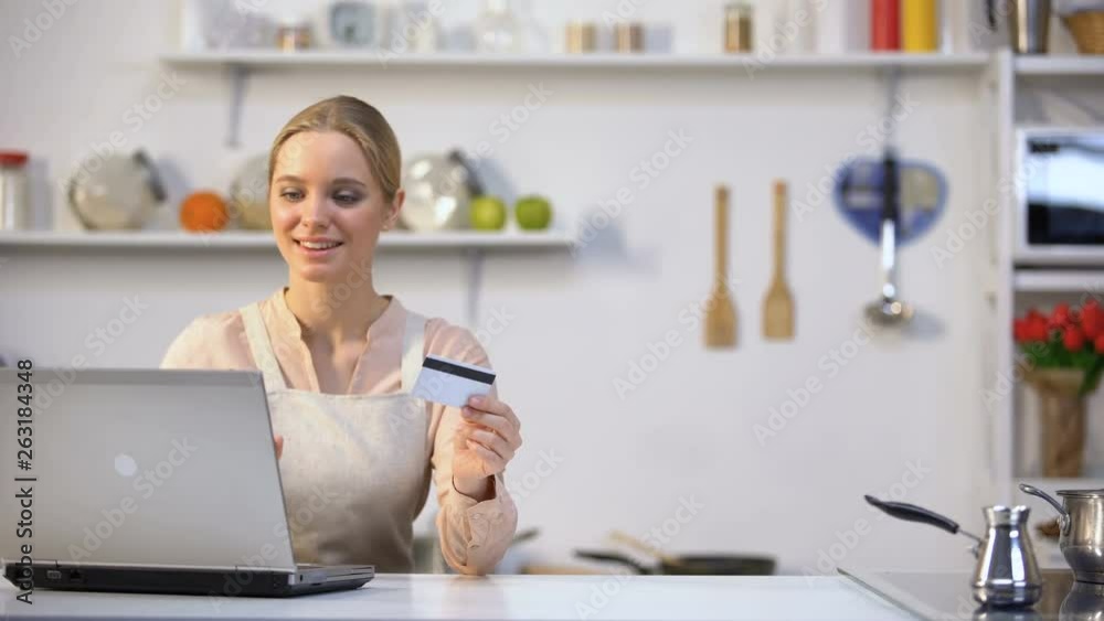 Pretty girl buying food online, courier instantly brings purchase, fast service Pretty girl buying food online, courier instantly brings purchase, fast service