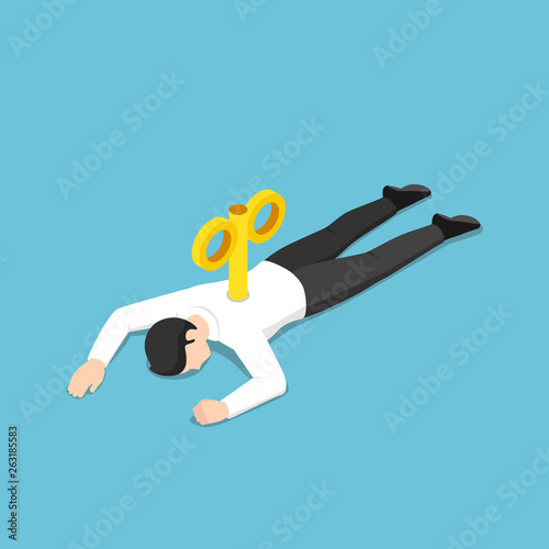 Isometric exhausted businessman with wind-up key lying on the floor