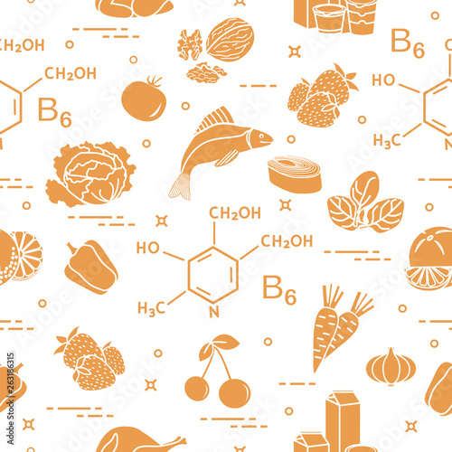 Seamless pattern with foods rich in vitamin B6.