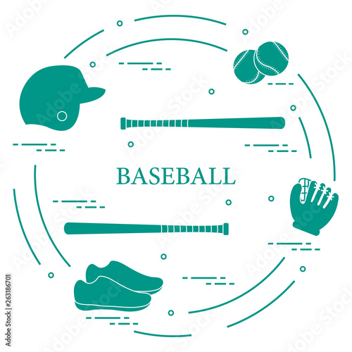 Baseball bats, glove, balls, helmet, shoes.