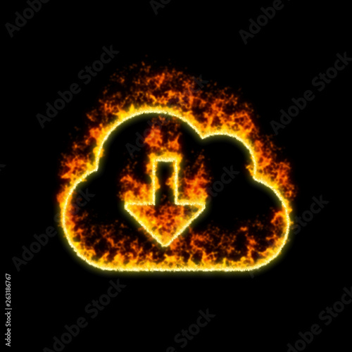 The symbol cloud download burns in red fire